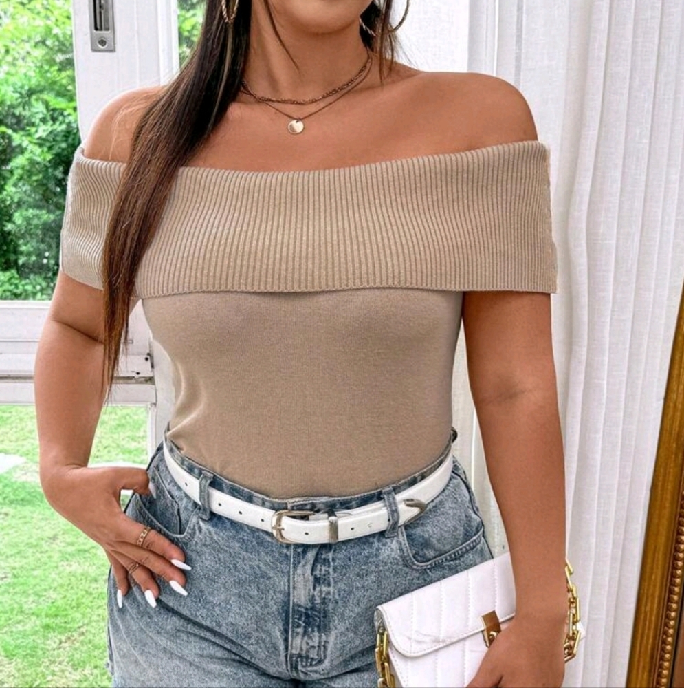 SHEIN Tan Off-Shoulder Sweater Top